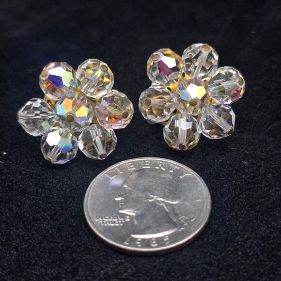Aurora Borealis AB Glass Flower Clip On Earrings Vintage Jewelry - Picture 5 of 6